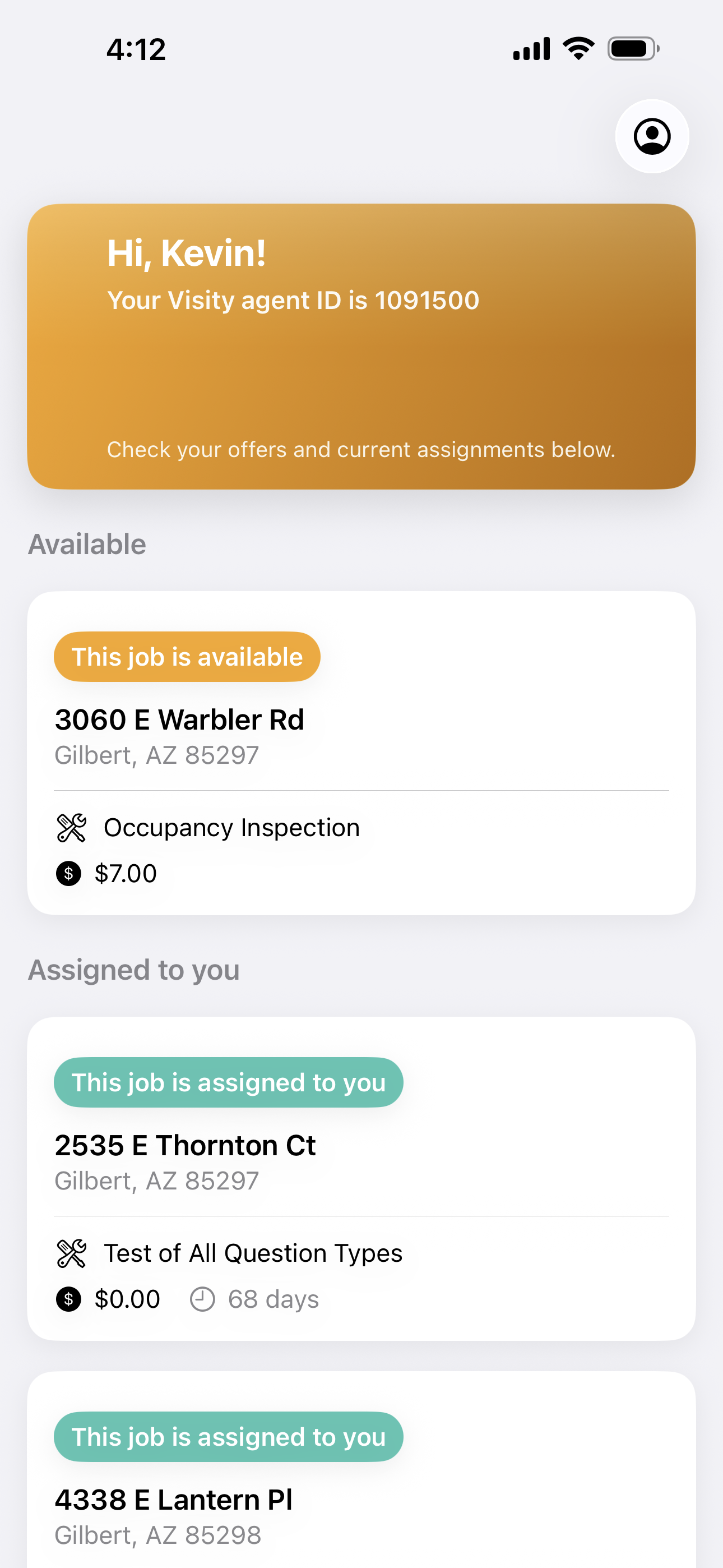 Available Visity assignments displayed in the mobile app