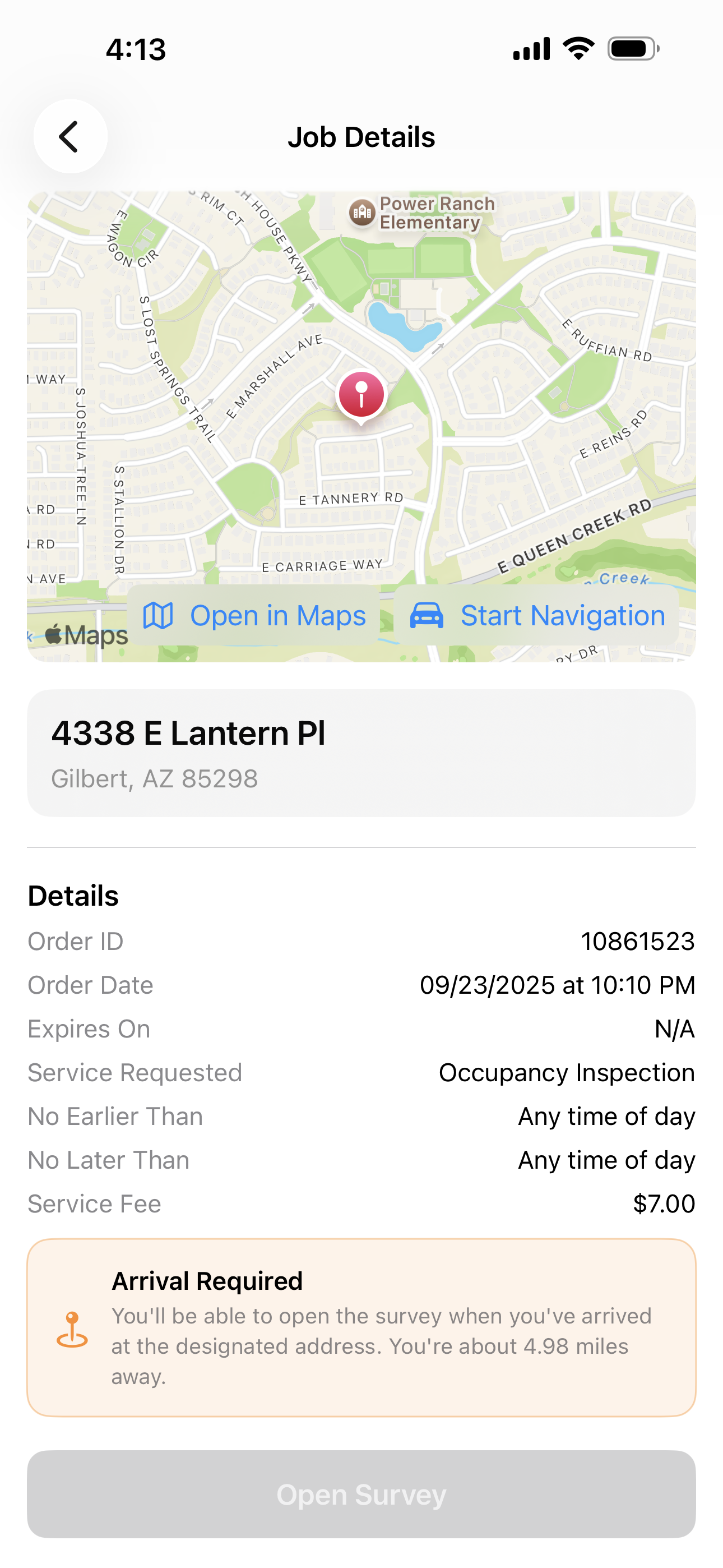 Visity assignment details displayed in the mobile app